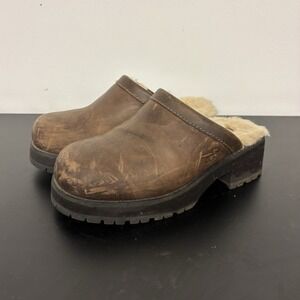UGG Australia Womens Brown Leather Sheepskin Lined Slip-On Clog Slippers US 7